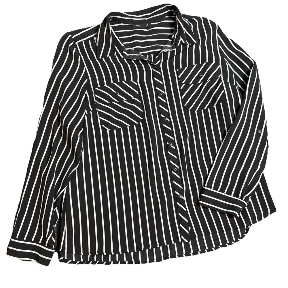 Roz & Ali Womens XL Black White Striped Button Down Roll Tab Sleeve Shirt Blouse